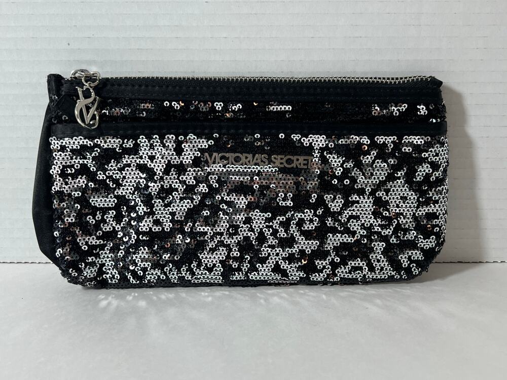 Victoria's Secret Black Sequins Elegant Clutch Purse Makeup Bag Zipper Pouch